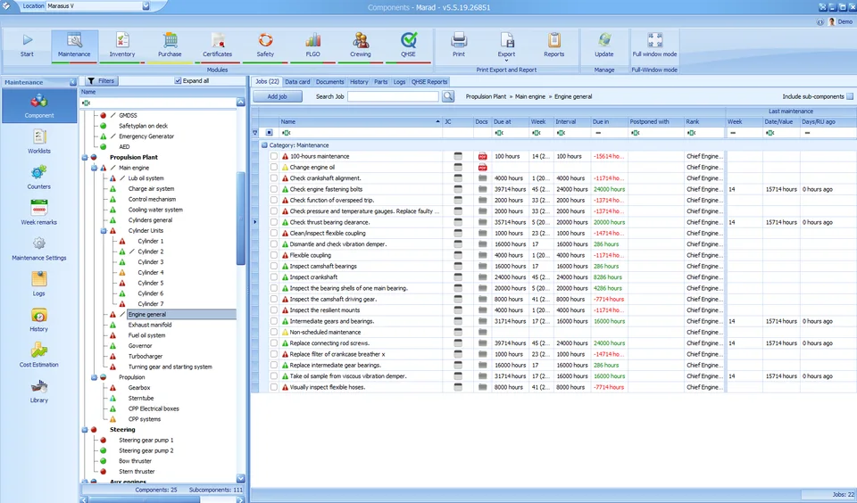 Marad Desktop maintenance module with the main engine component tree and its scheduled maintenance jobs