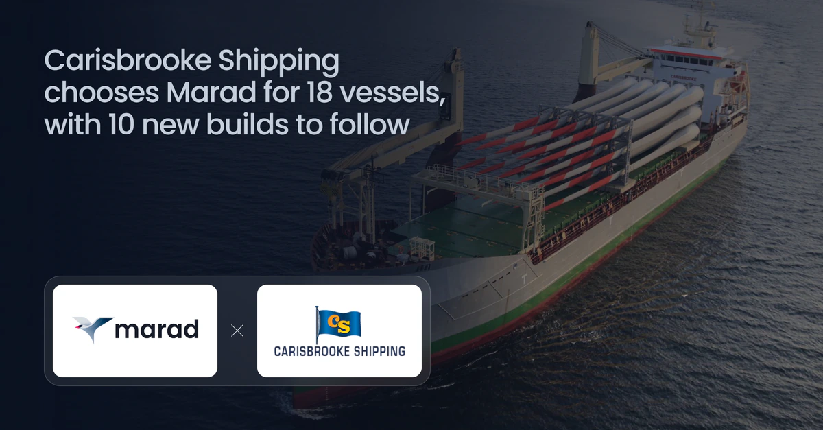Marad and Carisbrooke Shipping logos over an aerial photo of a Carisbrooke general cargo vessel carrying wind turbine blades