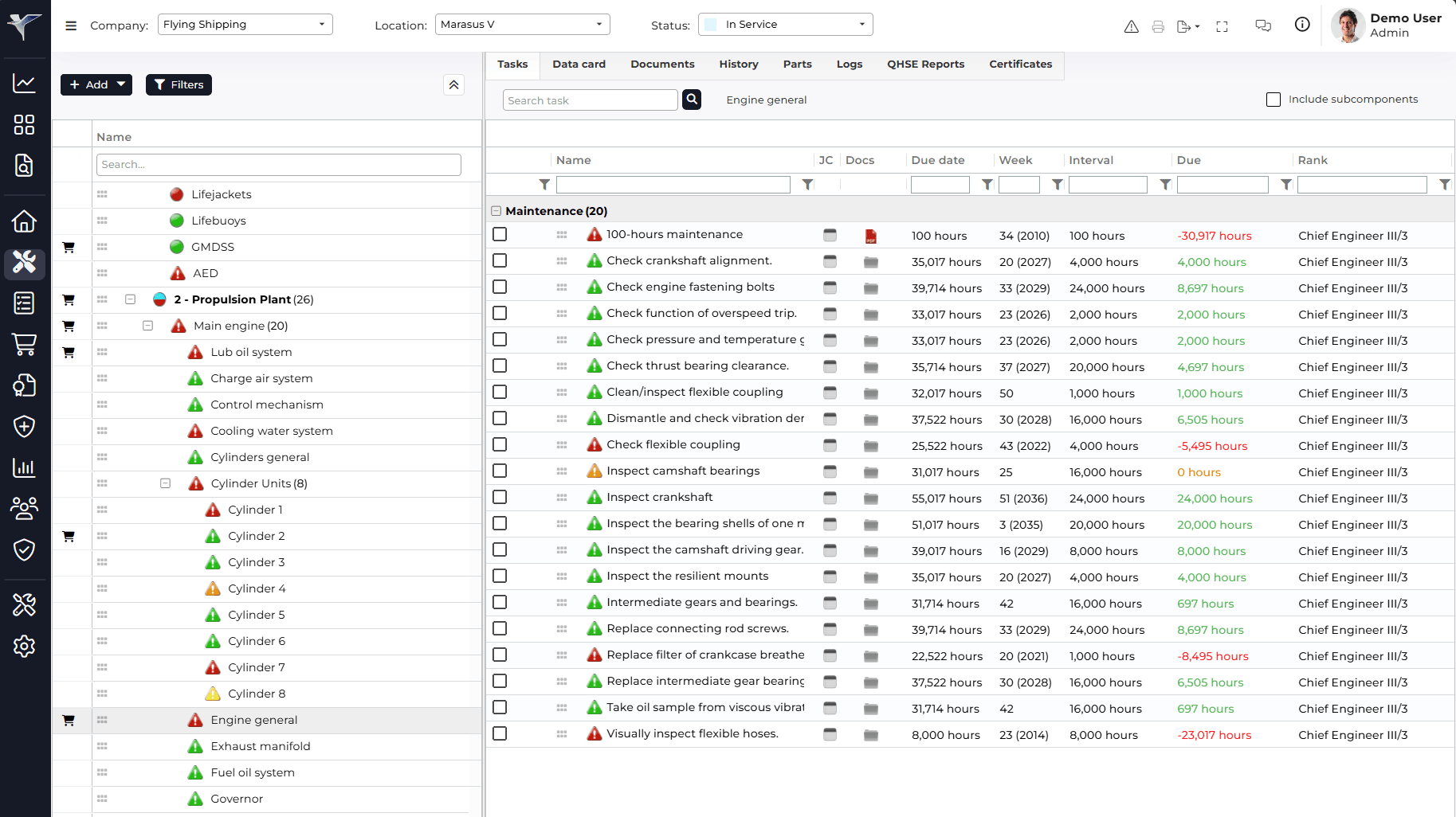 Screenshot of the Maintenance module in the Marad platform