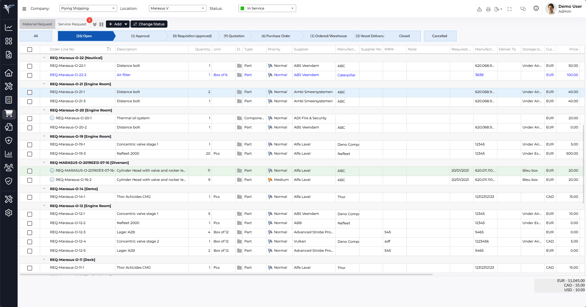 Screenshot of the Purchasing module in the Marad platform