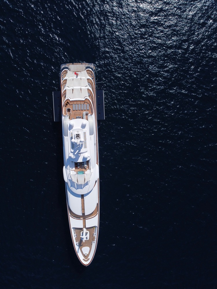 Aerial view of a superyacht's bow at sea